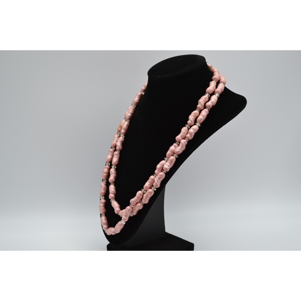 Vintage Pink Baroque Faux Pearl Double Strand Necklace Clear Spacers 28‎ Inch